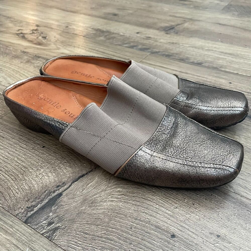 GENTLE SOULS Iro Mules Silver Gray Leather Slip On Loafers Comfort Shoes
